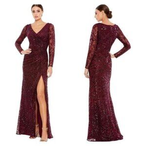 NEW MAC DUGGAL Long Sleeve Sequined Lace Ruched Formal‎ Evening Garnet Gown $698